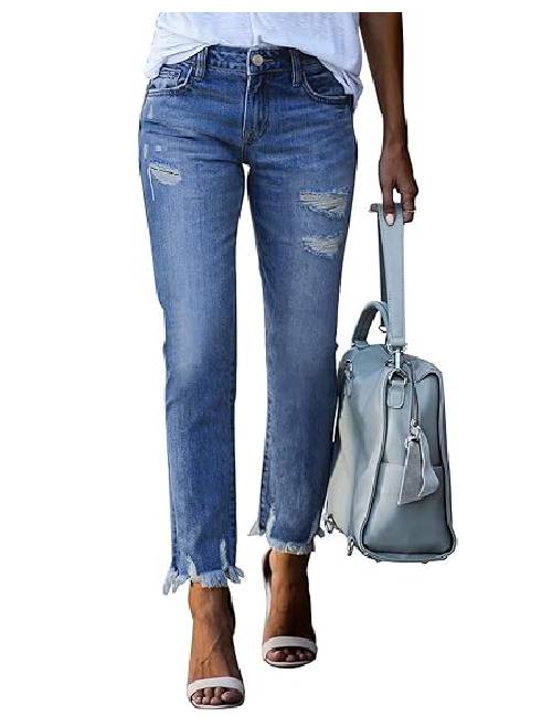 10 Womens Jeans High Waisted Stretchy Ripped Straight Ankle Fit - Image 1