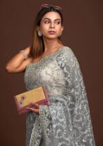 Women's Net Embroidery Work Saree with Unstitch Blouse Piece - Image 3