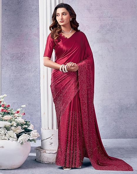 11 Women's Satin Silk Hot Fixing Saree with Unstitched Blouse Piece - Image 1