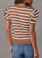 Women's Short Puff Sleeve Knit Tops With Striped - Image 8