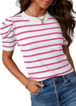 Women's Short Puff Sleeve Knit Tops With Striped