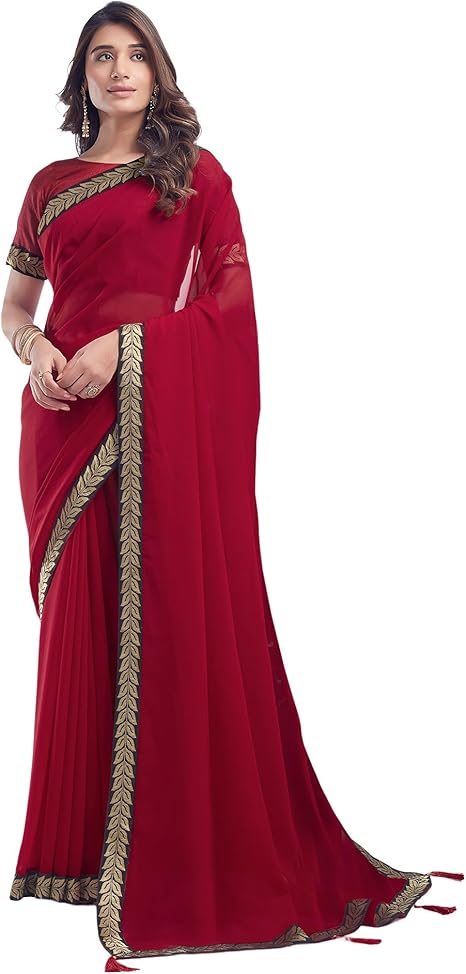 13 Women's Georgette Lace Saree With Unstitched Blouse Piece - Image 1