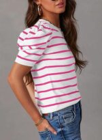 Women's Short Puff Sleeve Knit Tops With Striped - Image 5