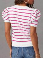 Women's Short Puff Sleeve Knit Tops With Striped - Image 2