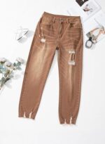 Womens Jeans High Waisted Stretchy Ripped Straight Ankle Fit - Image 3