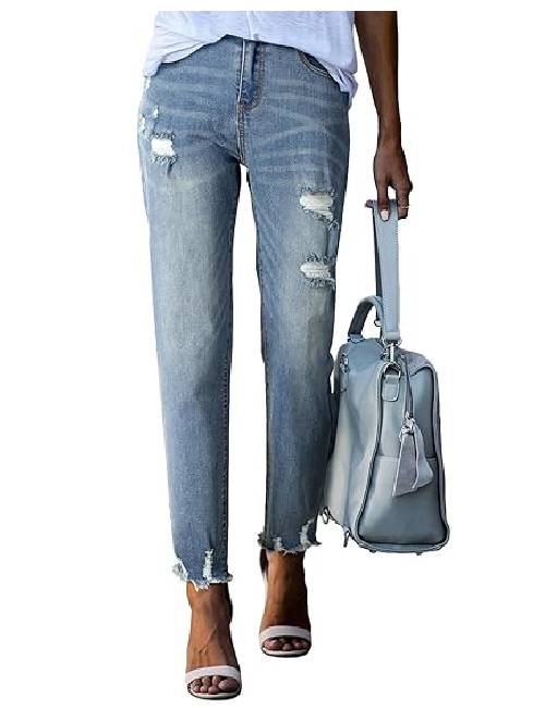 18 Womens Jeans High Waisted Stretchy Ripped Straight Ankle Fit - Image 1