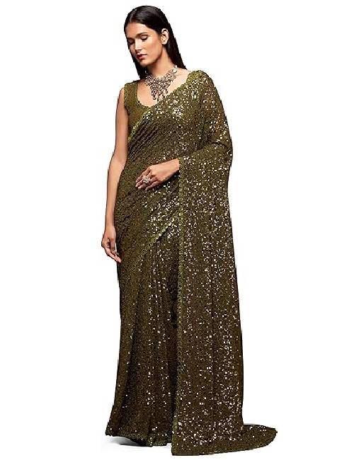 19 Women's Heavy Georgette Sequins Work Heavy Saree with Blouse - Image 1