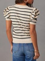 Women's Short Puff Sleeve Knit Tops With Striped - Image 3