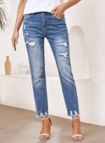 Womens Jeans High Waisted Stretchy Ripped Straight Ankle Fit - Image 3