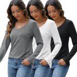 3 Pcs Combo, Womens Long Sleeve Shirts V Neck Tops - Image 12