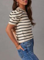 Women's Short Puff Sleeve Knit Tops With Striped - Image 13