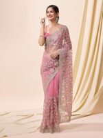 Women's Net Embroidery Work Saree with Unstitch Blouse Piece - Image 4