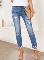 Womens Jeans High Waisted Stretchy Ripped Straight Ankle Fit - Image 4