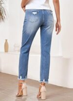 Womens Jeans High Waisted Stretchy Ripped Straight Ankle Fit - Image 5