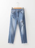 Womens Jeans High Waisted Stretchy Ripped Straight Ankle Fit - Image 6