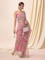 Women's Net Embroidery Work Saree with Unstitch Blouse Piece - Image 2