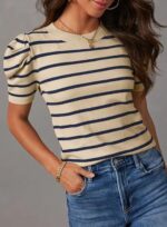 Women's Short Puff Sleeve Knit Tops With Striped - Image 11