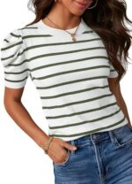 Women's Short Puff Sleeve Knit Tops With Striped - Image 10
