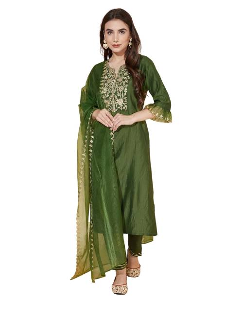 New Project Women's Embroidery Chinnon Silk Straight Kurta Set with Dupatta - Image 1