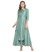 Indian Women's Green Foil Print Festive Wear Ethnic Dress for Women