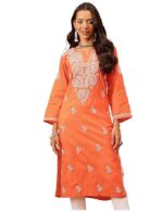 Hand Embroidered Chikankari Women's Straight Cotton Kurta Kurtis - Image 3